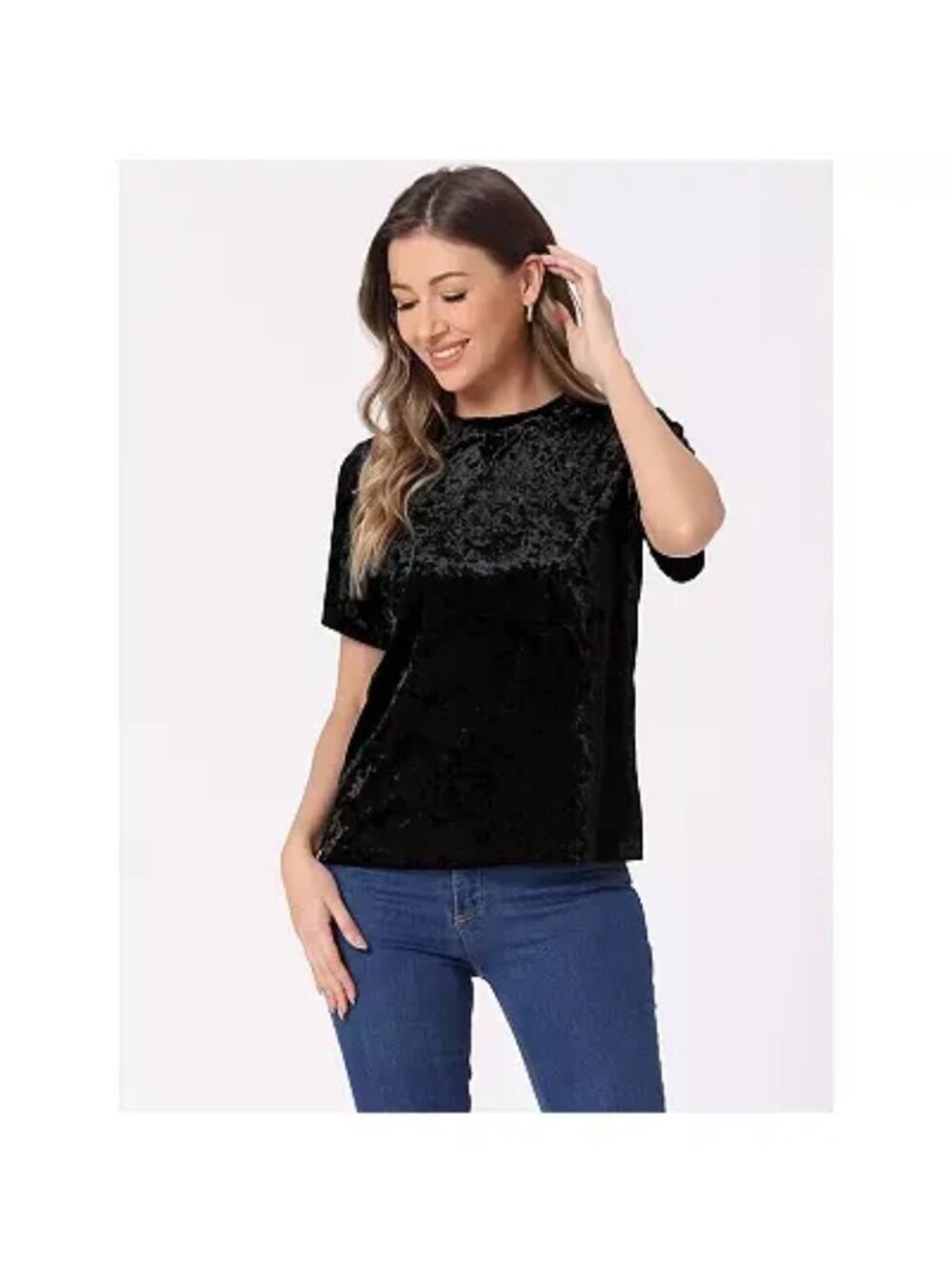 Madison & Berkeley Black Velour Short Sleeve Top Women Size L